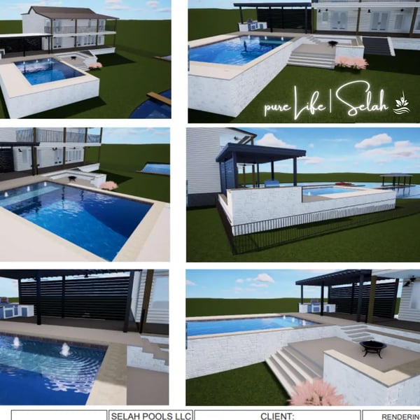 Six 3D renderings of a modern backyard pool design by Selah Pools, showcasing different angles. The design includes a sleek pool, an adjacent hot tub, glass fencing, and landscaping elements. Outdoor furniture and a covered seating area are also depicted. The image represents the custom pool installations offered by Selah Pools to their clients.
