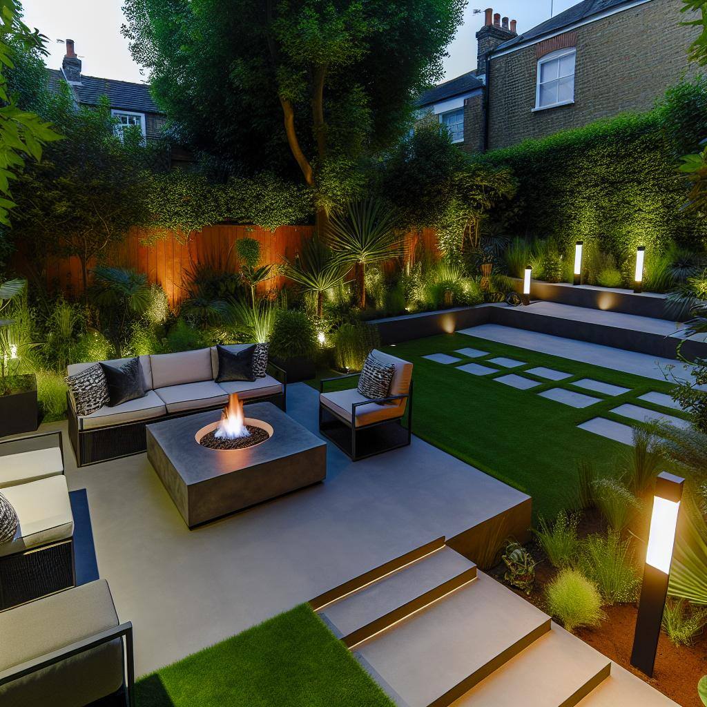 A modern backyard oasis with sleek furniture, a cozy fire pit, lush greenery, and stylish lighting creating a welcoming and luxurious outdoor space.